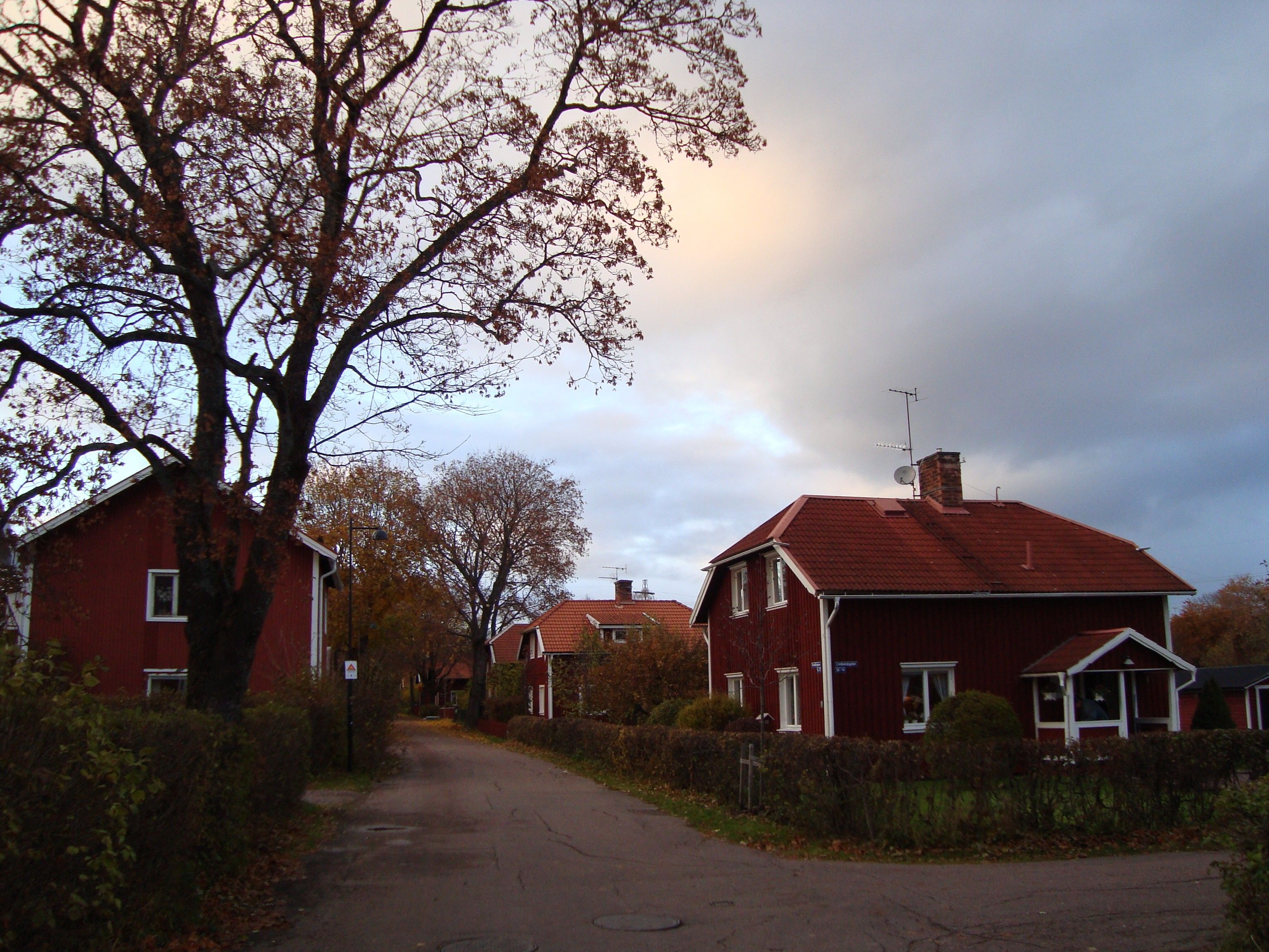 Gata med röda trähus i Bergslagsbyn i Borlänge