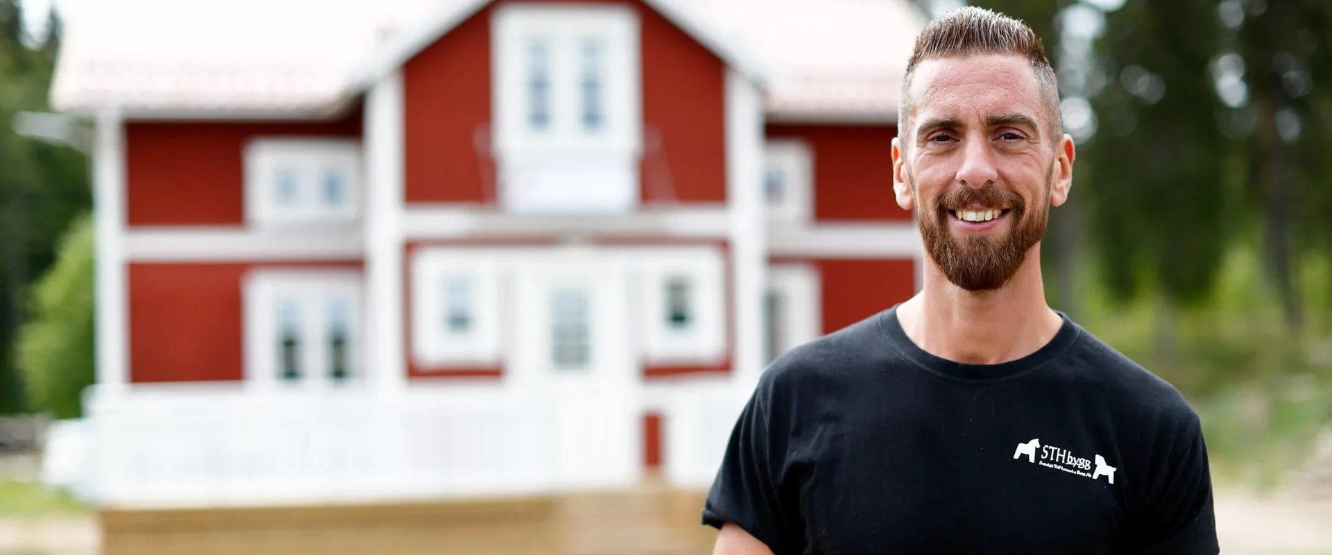 STH Bygg AB — erfarna byggare framför ett rött dalahus i Dalarna